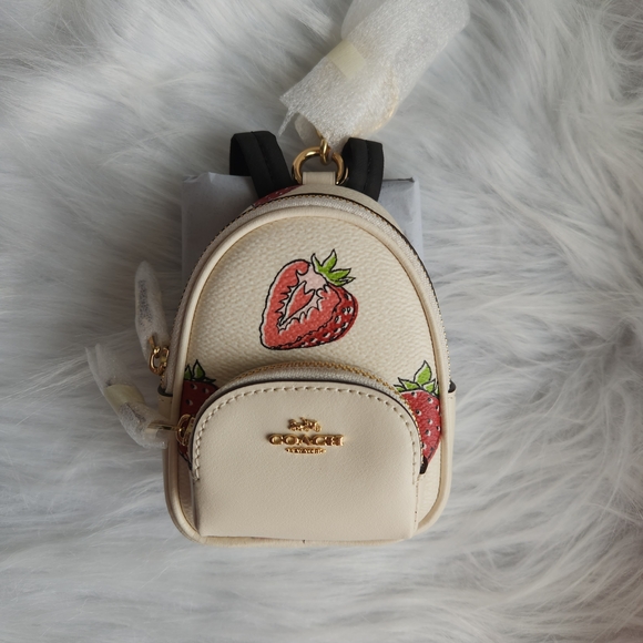 Coach Accessories - Coach Cream Mini Backpack Keychain with Strawberry Print
